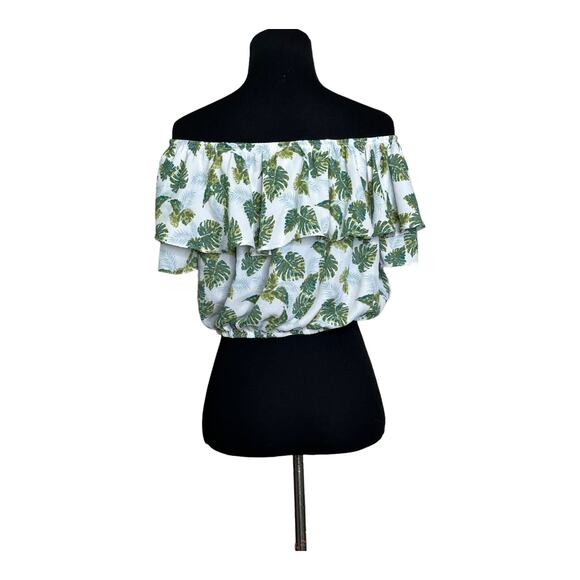 Paper Crane white green palms print off shoulder ruffled crop top size Large - Picture 10 of 11